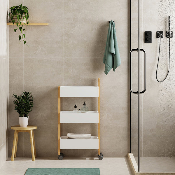 Carrello Portaoggetti Varulta Scaffale con Rotelle e 3 Scomparti 80 x 41 x 20 cm - Naturale / Bianco [en.casa]