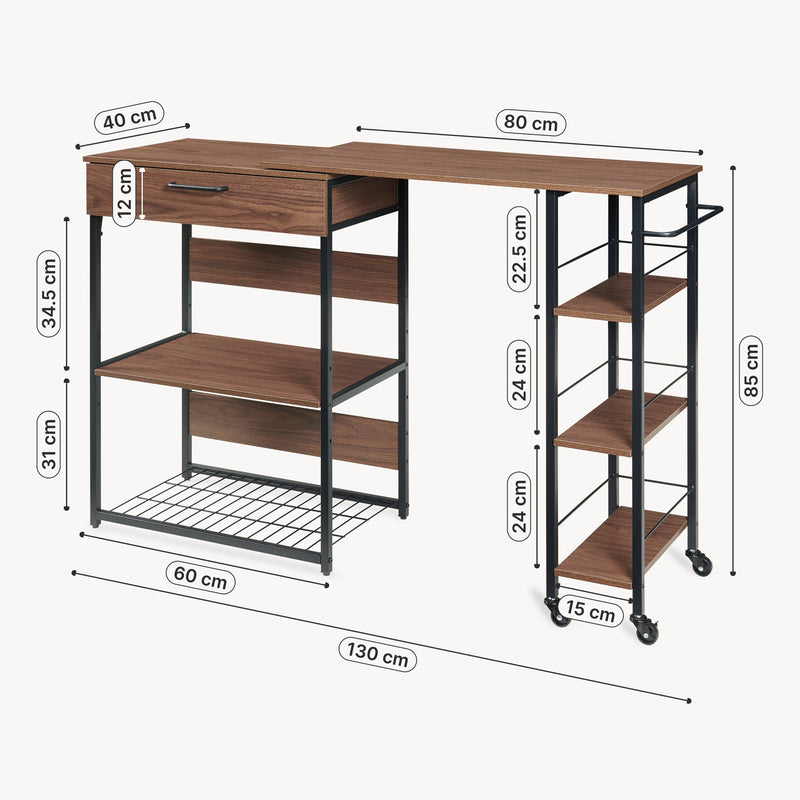 Schizzo in scala Scaffale da Cucina Kirhuskyna con Modulo Laterale Estraibile Girevole 130x40x85 cm Effetto Noce/Nero [en.casa]