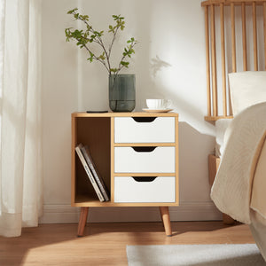 Comodino Bordkak con 3 Cassetti e Scomparto Aperto 55 x 48 x 30 cm - Effetto Rovere / Bianco [en.casa]