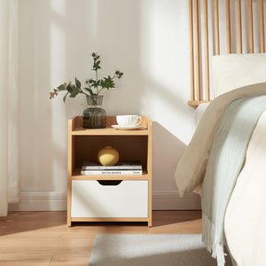 Comodino Bordkak con Cassetto e Scomparto Aperto 45 x 36 x 34 cm - Effetto Rovere / Bianco [en.casa]