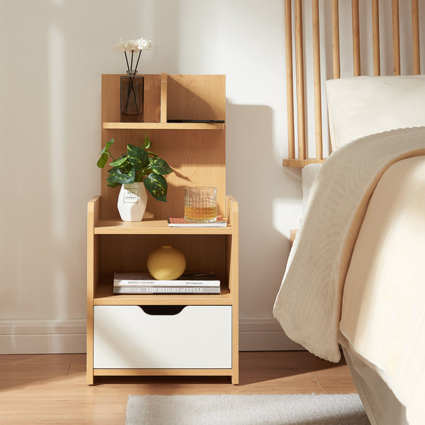 Table de nuit Bordkak avec une étagère 75 x 35 x 30 cm effet chêne / blanc [en.casa]