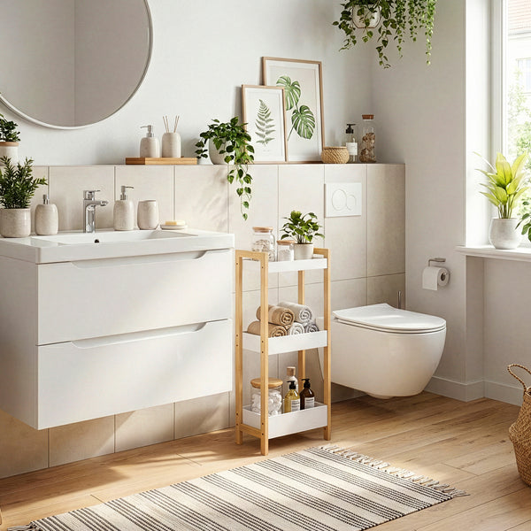 Scaffale da Terra Anun in Bambù Mobile da Bagno con 3 Cestini 78 x 80 x 40 cm - Color Naturale / Bianco [en.casa]