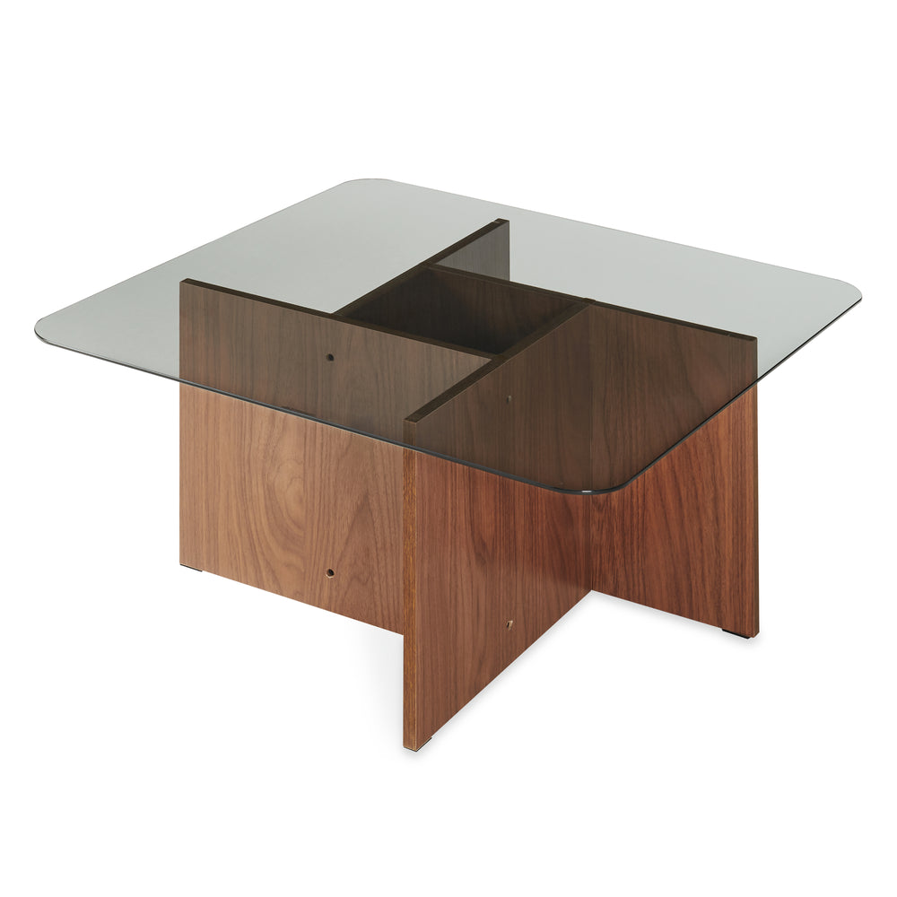 Table basse Benexjö avec plateau en verre 70 x 70 x 36 cm effet noyer / gris [en.casa]