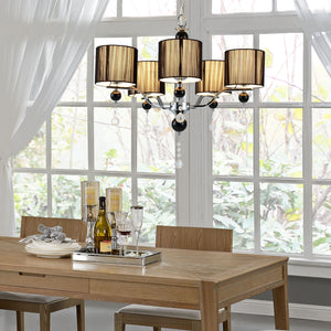 Lampadario con 5 Paralumi Cilindrici color Nero Lampada da Soffitto a 5 Bracci e Pendenti in Cristalli Artificiali - lux.pro