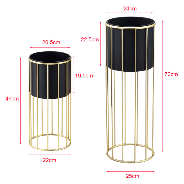Set di 2 Portavasi in Metallo Supporto per Piante in 2 Misure Diverse con Coprivaso Nero e Base di Forma Rotonda in Color Oro 