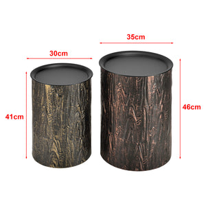 Set da 2 Tavolini  in Metallo a Forma di Cilindro in 2 Misure Diverse con Piano Rimovibile 2 Tavolini da Salotto/Soggiorno Portaoggetti Contenitore in Effetto Tronco