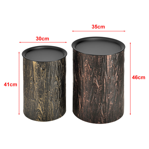 Set da 2 Tavolini  in Metallo a Forma di Cilindro in 2 Misure Diverse con Piano Rimovibile 2 Tavolini da Salotto/Soggiorno Portaoggetti Contenitore in Effetto Tronco