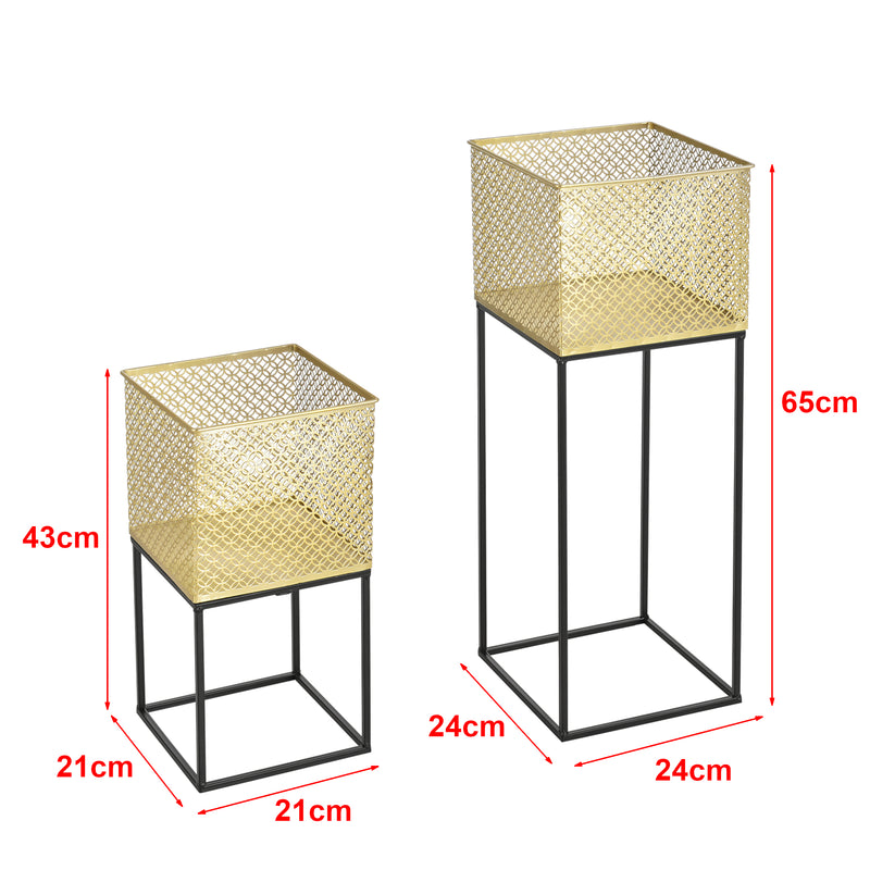 Schizzo in scala Set di 2 Portavasi in Metallo di Forma Rettangolare Supporto Nero per Piante con Coprivaso in Color Oro in 2 Altezze e Misure Diverse 