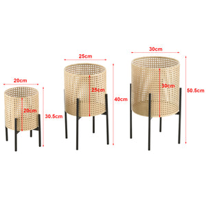 Set di 3 Portavasi in Metallo Supporto Nero con Coprivaso Tondo in Color Sabbia - Portapiante in 3 Misure Diverse