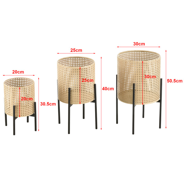 Set di 3 Portavasi in Metallo Supporto Nero con Coprivaso Tondo in Color Sabbia - Portapiante in 3 Misure Diverse