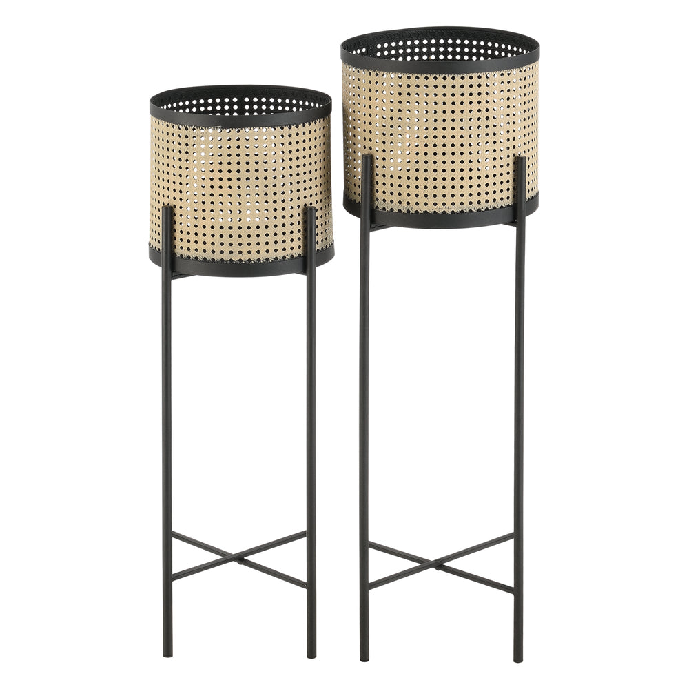 Set di 2 Portavasi in Metallo Supporto Nero con Coprivaso Cilindrico in Color Sabbia - Portapiante in 2 Misure Diverse 