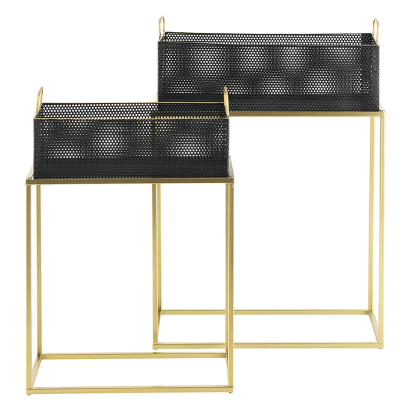 Set di 2 Portavasi in Metallo di Forma Rettangolare Supporto in Colore Ottone per Piante con Coprivaso Nero in 2 Altezze e Misure Diverse