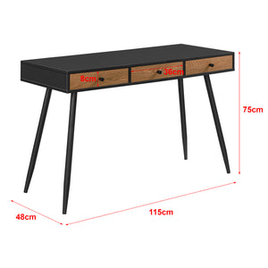 Scrivania (AxLaxP) 75 x 115 x 48 cm Consolle con 3 Cassetti, Scrittoio su Gambe in Metallo, Tavolo da Computer per Ufficio/Casa - Nero/Color Legno Scuro