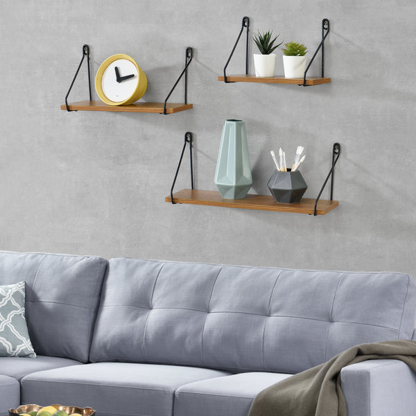 Set di 3 Mensole da Parete in Misure Diverse, 3 Consolle Pensili da Muro con Staffe Nere in Ferro Mensole Portaoggetti / Libreria - Piano in Effetto Legno Scuro