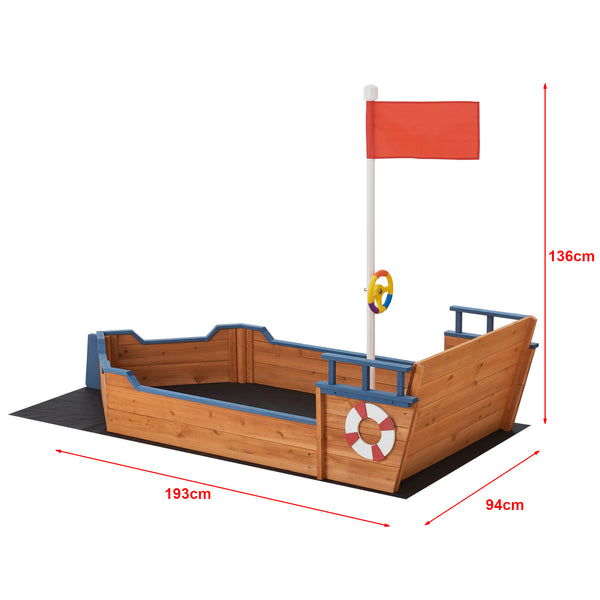 Sandkasten Mestia mit Piratenschiffoptik 136x193x94cm Holz Natur [en.casa]