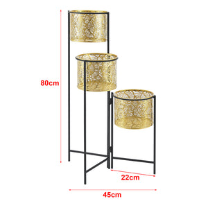 Porta Vasi da Interno Portapiante Stand per Piante con 3 Coprivasi Struttura Pieghevole Nero con 3 Porta Vasi Cilindrici in Altezze Diverse Color Ottone [en.casa]