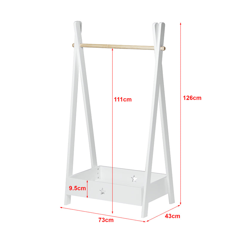 Croquis coté Garde-robe pour enfant Laxe avec compartiment de rangement 126 x 73 x 43 cm blanc [en.casa]