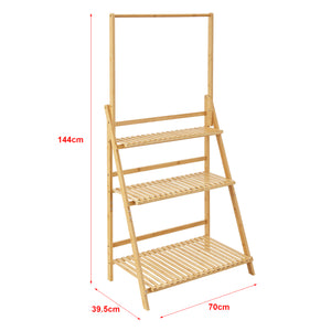 Scaffale Portapiante 'Brändö' in bambù a Forma di Scala a 3 Ripiani e Barra per Vasi Sospesi [en.casa]