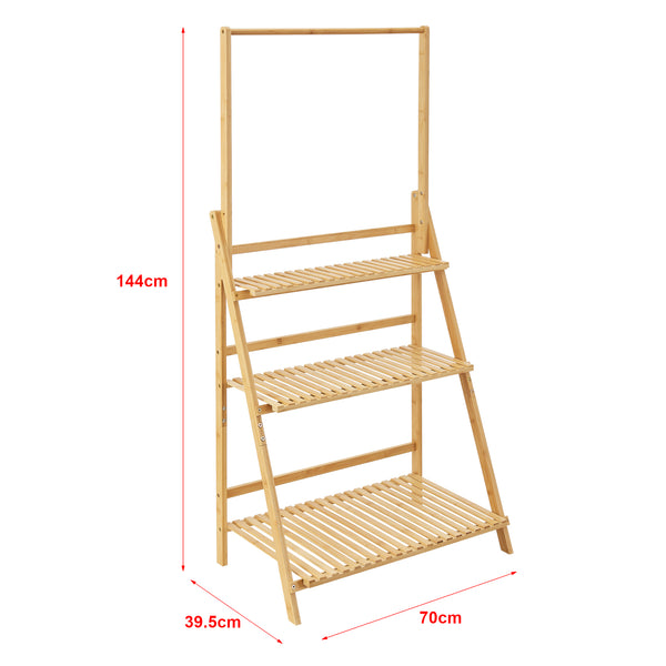 Scaffale Portapiante 'Brändö' in bambù a Forma di Scala a 3 Ripiani e Barra per Vasi Sospesi [en.casa]