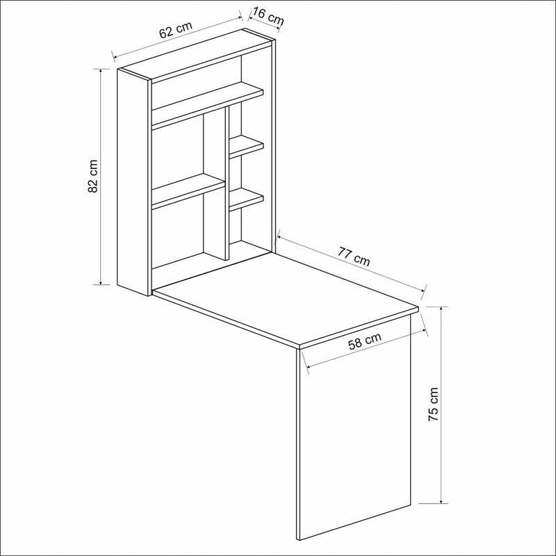 Croquis coté Bureau mural Greve rabattable avec étagère intégrée 82 x 62 x 16 cm blanc / effet noyer [en.casa]