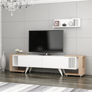 Meuble TV Glostrup avec 2 tables d'appoint et une étagère murale effet chêne / blanc [en.casa]