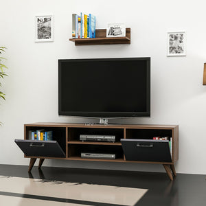 Meuble TV Haderslev à 2 portes avec étagère murale effet noyer / anthracite [en.casa]