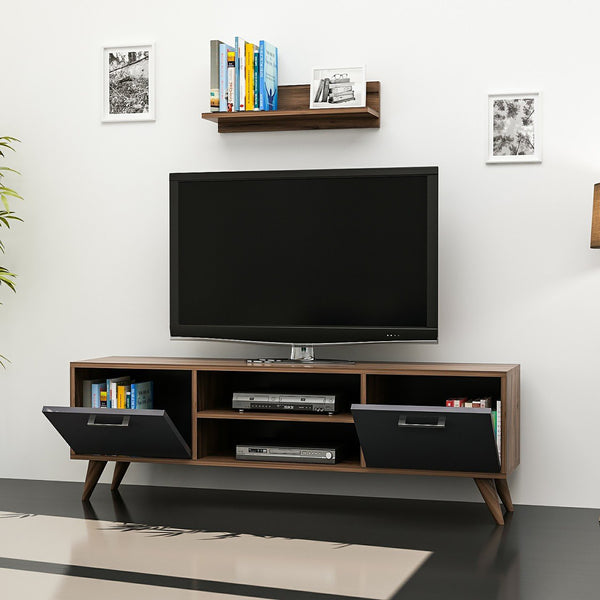 Meuble TV Haderslev à 2 portes avec étagère murale effet noyer / anthracite [en.casa]