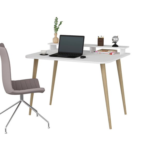 Bureau Östhammar avec réhausseur d'écran 73,8 x 90 x 60 cm blanc / naturel [en.casa]