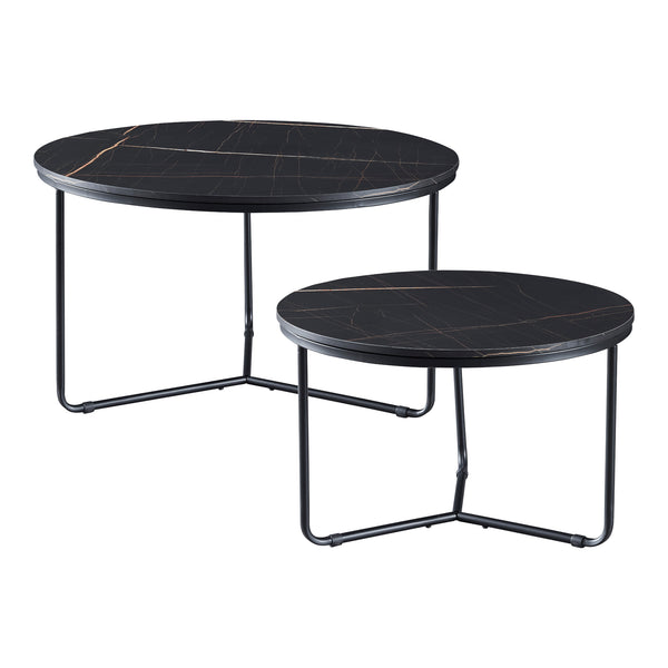 Set Poxdorf di 2 Tavolini Sovrapponibili Piano Rotondo Effetto Marmo Nero [en.casa]
