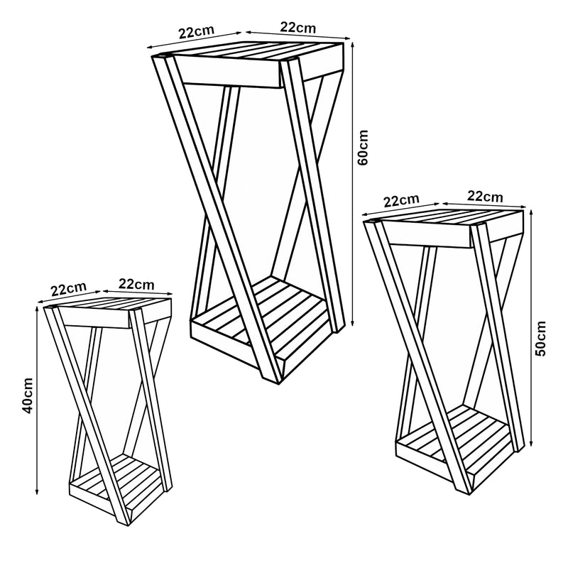 Croquis coté Set de 3 tables d'appoint Muonio bois de pin 40 - 60 x 22 x 22 cm bois foncé [en.casa]