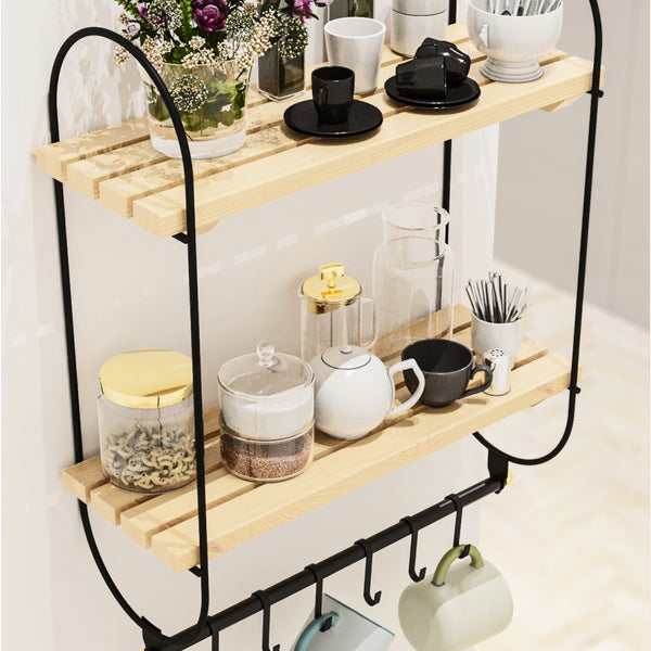 Étagère murale Pielavesi à 2 niveaux métal bois de pin 47 x 40 x 16 cm noir naturel [en.casa]