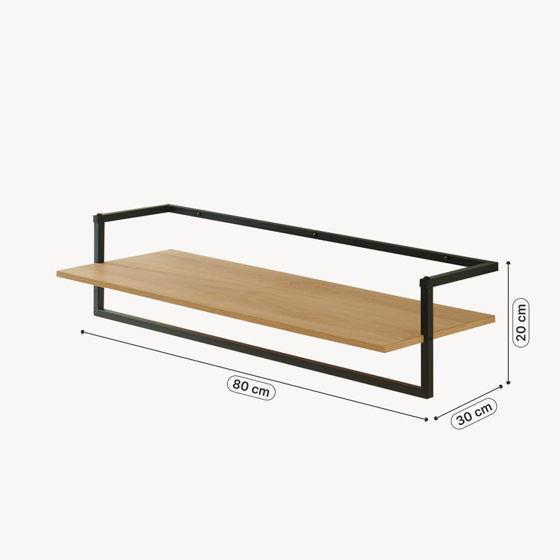 Croquis coté Portemanteau mural Evje avec barre de penderie et étagère panneau de particules acier 80 x 30 x 20 cm effet bois noir [en.casa]