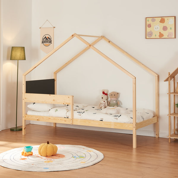 Lit cabane gigogne enfant Sodankylä 90x200 cm en bois de pin naturel/noir avec sommier à lattes [en.casa]