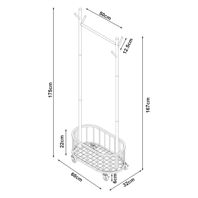 Schizzo in scala Stand Appendiabiti Risør con Rotelle Barra Porta Abiti e Cestello 175 x 60 x 32 cm Acciaio Bianco [en.casa] 