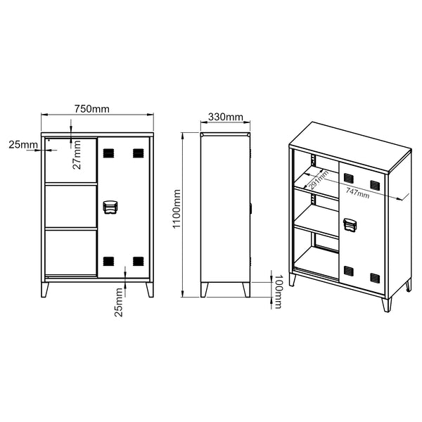 Casier de bureau métallique Oripää à 2 portes 110 x 75 x 33 cm camel [en.casa]