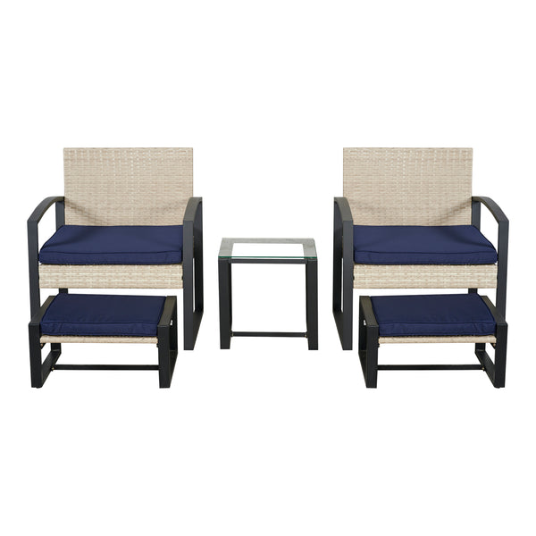 Salon de jardin 5 pièces Calvello avec table 2 chaises 2 repose-pieds aspect rotin bleu marine noir casa.pro