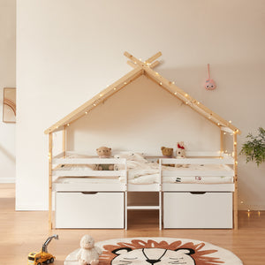 Lit cabane Surnadal bois de pin 90 x 200 cm blanc naturel beige [en.casa]