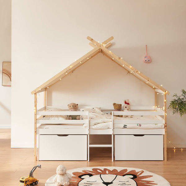 Lit cabane Surnadal bois de pin 90 x 200 cm blanc naturel beige [en.casa]