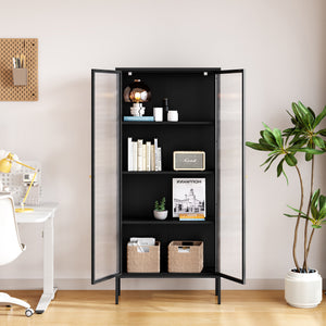 Mobile Vetrina Vinterhavn con Ante in Vetro e Ripiani 180 x 80 x 35 cm - Nero [en.casa]