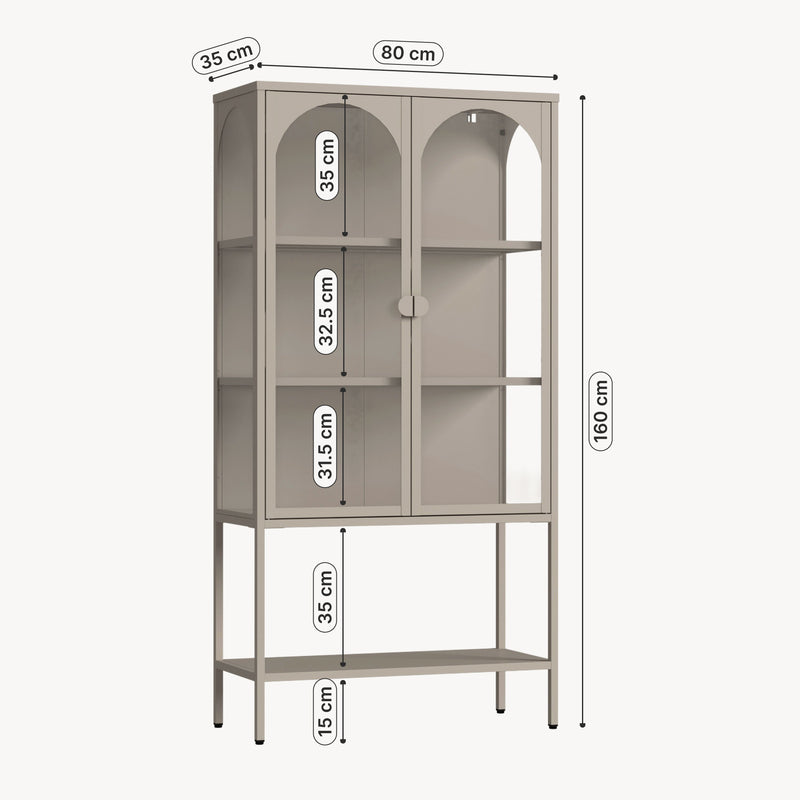 Croquis coté Armoire vitrine Klippestad acier verre trempé 160 x 80 x 35 cm camel [en.casa]