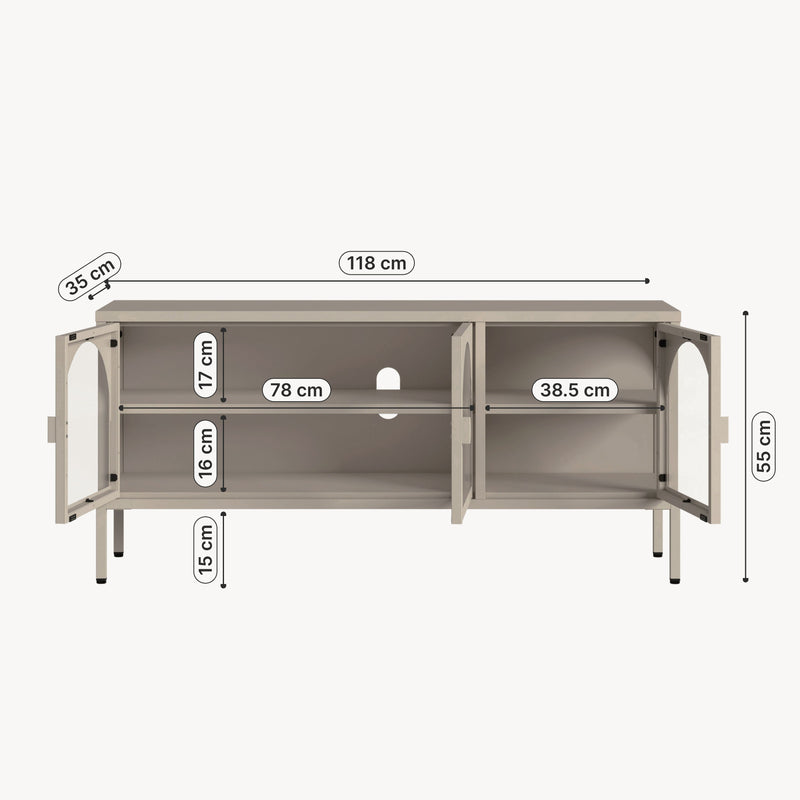 Maßskizze Vitrinen-Sideboard Klippestad Stahl 118x35x55 cm Kamelfarben [en.casa]