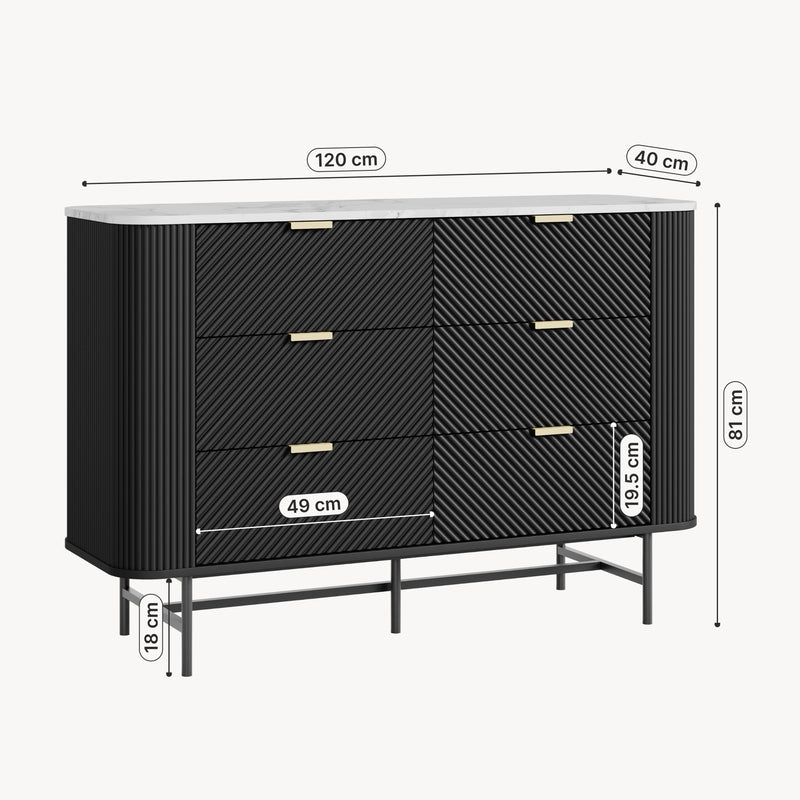 Schizzo in scala Comò a 6 Cassetti Olvehok Cassettiera 120 x 40 x 81 cm - Nero/Effetto Marmo Bianco [en.casa]