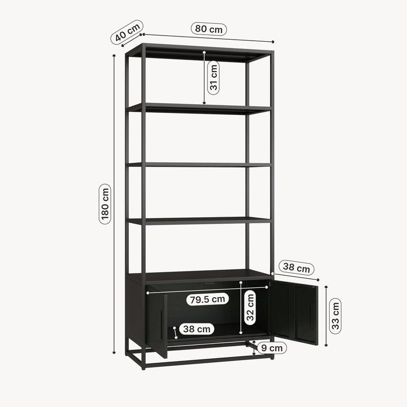 Croquis coté Bibliothèque avec armoire Hailuoto 80 x 40 x 180 cm acier noir mat [en.casa]