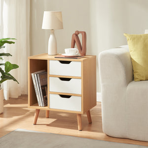 Comodino Bordkak con 3 Cassetti e Scomparto Aperto 55 x 48 x 30 cm - Effetto Rovere / Bianco [en.casa]