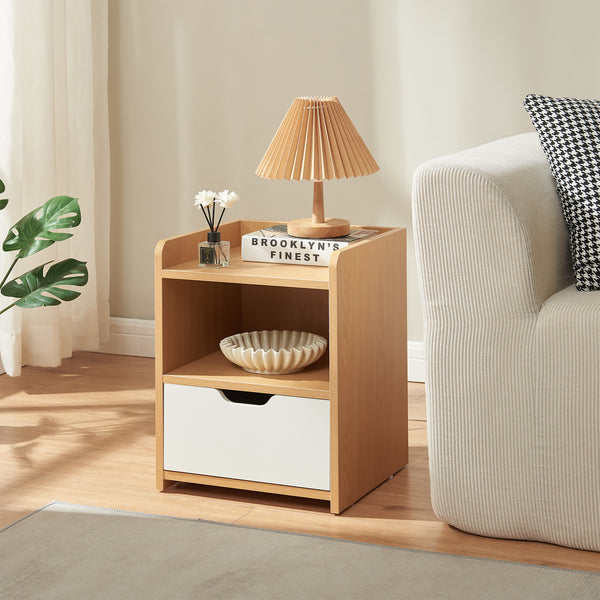 Comodino Bordkak con Cassetto e Scomparto Aperto 45 x 36 x 34 cm - Effetto Rovere / Bianco [en.casa]