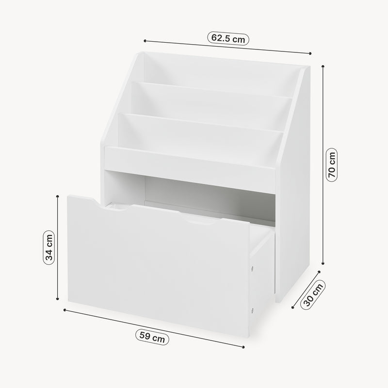 Schizzo in scala Libreria a Scaletta Sirlstalo per Cameretta Scaffale con 3 Scomparti e Cassetto a Rotelle 70 x 63 x 30 cm - Bianco [en.casa] 