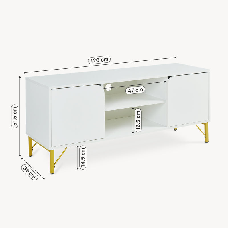 Maßskizze Fernsehschrank Reyri 120x39x52 cm Weiß/Goldfarben [en.casa]