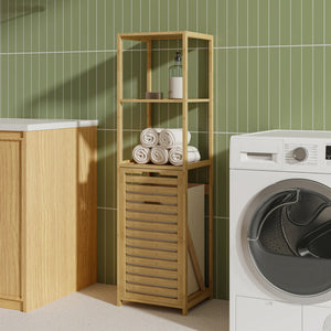 Badregal mit Wäschesammler Anun 130x36x33 cm Bambus Holzfarben [en.casa]