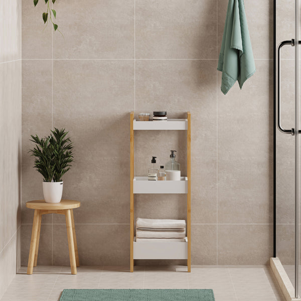 Scaffale da Terra Anun in Bambù Mobile da Bagno con 3 Cestini 78 x 80 x 40 cm - Color Naturale / Bianco [en.casa]