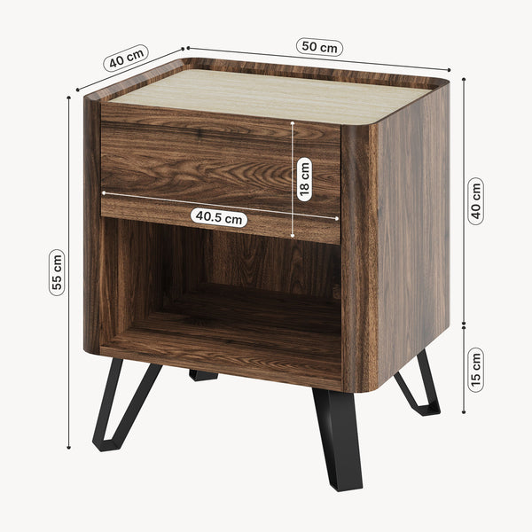 Nachttisch Trorlon 55x50x40 cm Walnussoptik/Travertin [en.casa]
